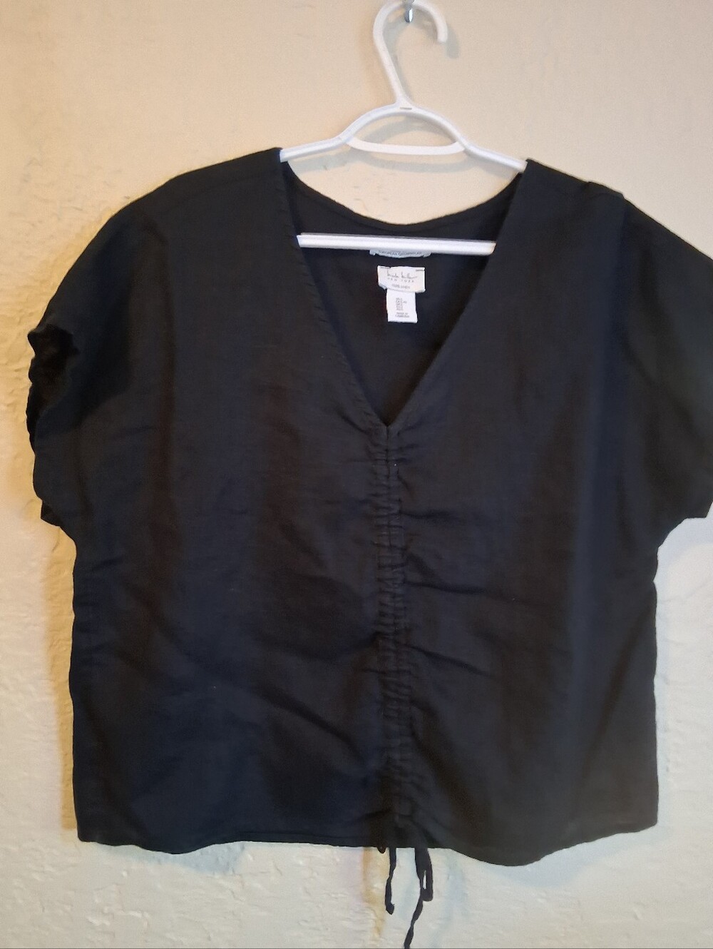 Nicole Miller Black Linen Lagenlook V-Neck Ruched Draw String Front Top Sz L